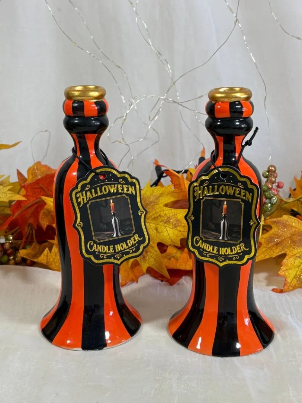 Black Orange Stripe Ceramic Mackenzie Style Halloween Candle Holders Pair Set 2